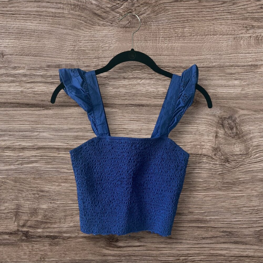 Old Navy Blue Smocked Crop Top with Eyelet Ruffle Straps Size XS